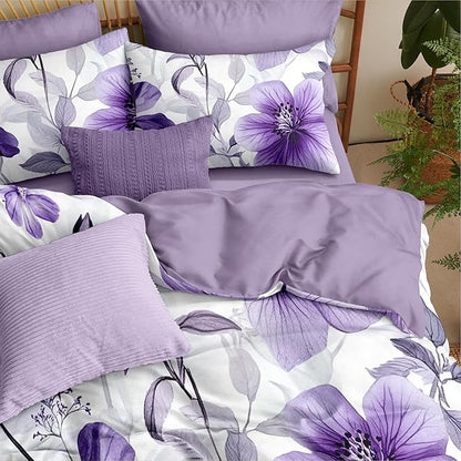Nayoroom Purple Floral Comforter Set Queen Size Lavender Blooming Flower Leaf Printed Spring Comforter 3 Pcs Soft Lightweight Cottagecore Bedding Set for All Seasons (1 Comforter, 2 Pillowcases)