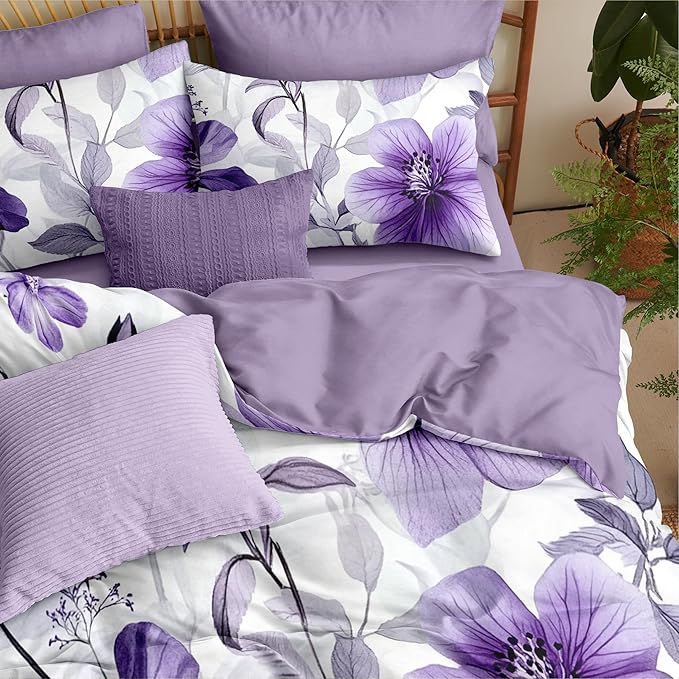Nayoroom Purple Floral Comforter Set King Size Lavender Blooming Flower Leaf Printed Spring Comforter 3 Pcs Soft Lightweight Cottagecore Bedding Set for All Seasons (1 Comforter, 2 Pillowcases)