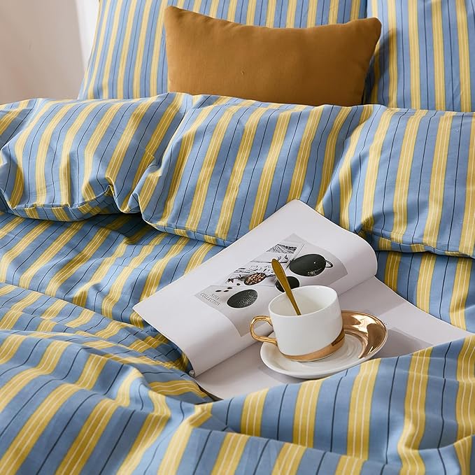 Merryword 100% Cotton Duvet Cover Set Queen Size, Blue & Yellow Striped Bedding Set with Zipper Closure and 8 Corner Ties, Modern Coastal Style Comforter Cover Set 3 Pieces
