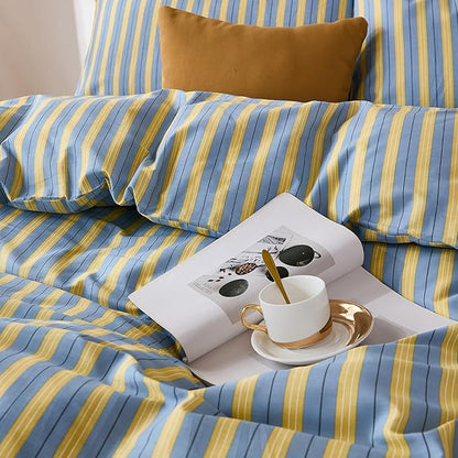 Merryword 100% Cotton Duvet Cover Set King Size, Blue & Yellow Striped Bedding Set with Zipper Closure and 8 Corner Ties, Modern Coastal Style Comforter Cover Set 3 Pieces