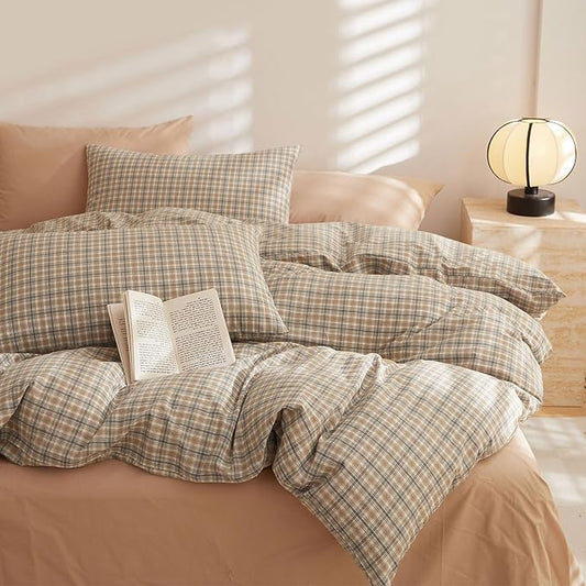 HighBuy Full Comforter Set Plaid Comforter Fluffy Modern Style Khaki Checkered Pattern Comforters for Boys Men 3 Pieces Bedding Set 1 Geometric Comforter with 2 Pillow Shams