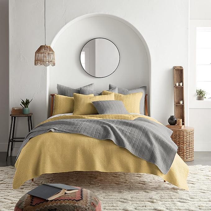 Levtex Home Mills Waffle King/Cal King Quilt Set (106x92in) with 2 Pillow Shams (36x20in) - Ochre - Cotton Waffle King Size Quilt Bedding Set - Lightweight, Soft, Pre-Washed
