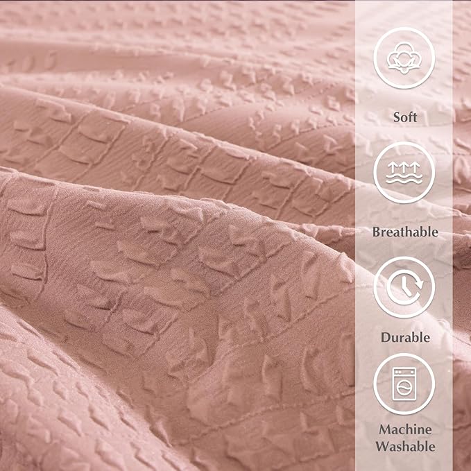 Geniospin King Size Comforter Set - 7 Pieces Dusty Pink Bedding Set, Botanical Textured Comforter Bed Set, All Season Lightweight Bed in a Bag with Comforter, Sheets, Pillowcases & Shams
