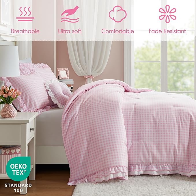 Intelligent Design Rowena Twin Comforter Set – Blush Pink Gingham Ruffled Bedding, Vintage Farmhouse Style, Reversible All Season 3-Piece Bedding Set, Twin/Twin XL, Gift for Her
