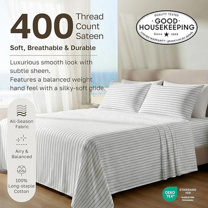 California Design Den Printed King Size Sheets Set - 400 Thread Count, Soft Sateen, Natural 100% Cotton Sheets Set, Deep Pockets, and Durable Bedding - Pinstriped