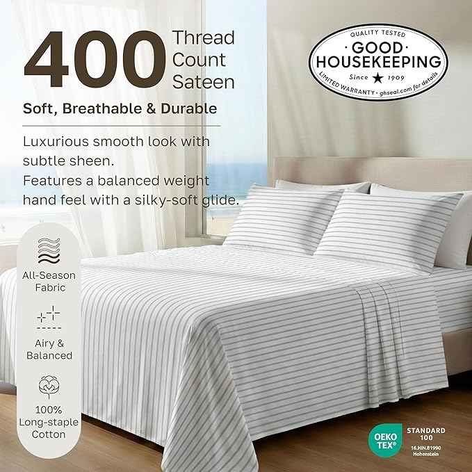 California Design Den Printed Twin XL Sheet Sets - 400 Thread Count Sateen, Natural 100% Cotton Sheets Set, Deep Pockets, and Durable Bedding Set - Pinstriped