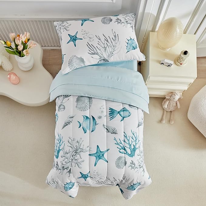 White Toddler Bedding Set for Boys Girls Water Blue Colorful Ocean Starfish Shell Aquatic Plant 4PC Toddler Bed Set - Soft Blue Cute Toddler White Bed in a Bag with Sheet Set and Pillow Shams