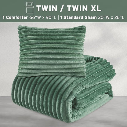 Intelligent Design Twin Comforter Set, Cozy Plush Bedding, Microfiber Reverse, 2 Piece, Lightweight, Super Soft Ribbed Velvet Comforter 1 Sham, All Season Fluffy Bed Set, Avril, Twin/Twin XL Green