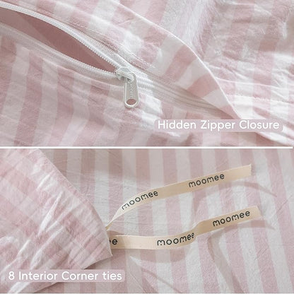 MooMee Striped Duvet Cover Set 100% Washed Cotton Linen Like Textured Breathable Durable Soft Comfy (Heathered Greyish Pink Classic Stripes, Oversized Full 82"x86")