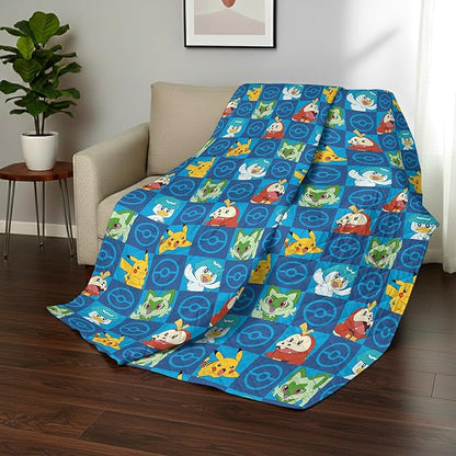 Pokemon Power Squares Twin Quilted Throw Blanket Adults Boys Girls, Soft Lightweight Bedding for Bed, or Couch, 60 x 90 inches