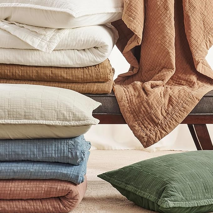 EVERGRACEHOME Stonewashed Cotton Quilt Set Full Queen Size, Ultra Soft Oversized Bedspread Coverlet Set, Lightweight Crinkle Box Stitch Bedding Sets for All Season, with 2 Shams, Mocha Brown