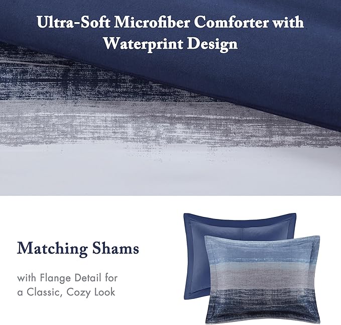 Madison Park Essentials Cal King Comforter Set, Bed in a Bag, Watercolor Print Coastal Comforter & Chambray Cotton Sheet Set, All Season Bedding, Saben, Navy Cal King (104 in x 92 in) 9Piece