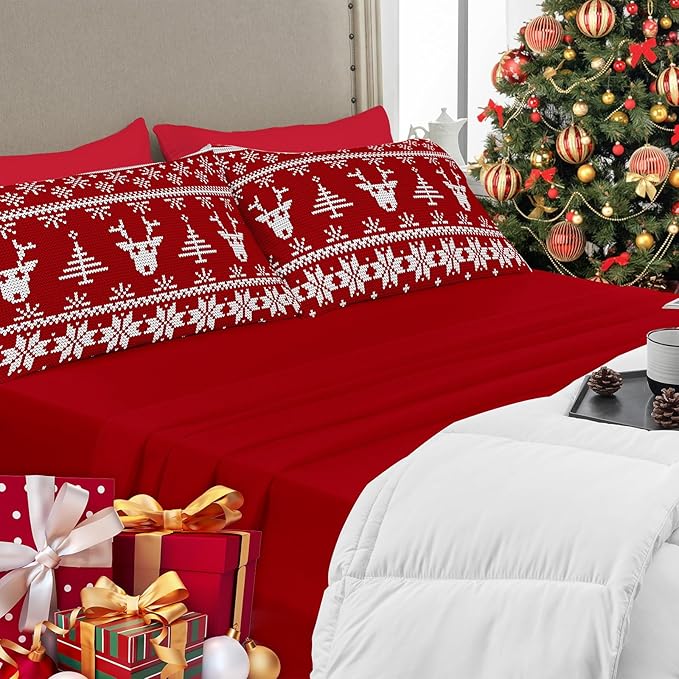 YIYEA Christmas Pillow Cases Queen Size Set of 4, Ultra Soft Double Brushed Microfiber Red Pillowcases and Christmas Reindeer Pillow Covers, Envelope Closure, Fade Resistant (20"x30")
