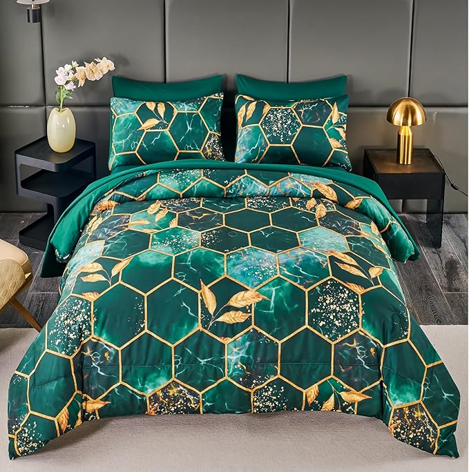 ANGIYUIN 7 Pieces Emerald Green Gold Comforter Set California King Size, Marble Watercolor Bed in A Bag for Women Men, Geometric Hexagon Gold Leaves Bedding Sets for All Season
