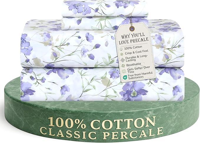Feather & Stitch Softest 100% Cotton Sheets, 300 Thread Count Percale Weave Bedding, 16" Deep Pocket, Cooling Sheets, Breathable Bed Set, Hotel Premium Quality (Twin, Violet Breeze)