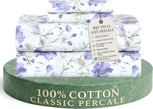 Feather & Stitch Softest 100% Cotton Sheets, 300 Thread Count Percale Weave Bedding, 16" Deep Pocket, Cooling Sheets, Breathable Bed Set, Hotel Premium Quality (Twin, Violet Breeze)