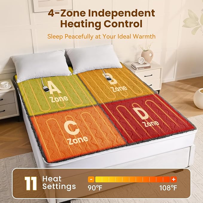Bearhug Multi-Zone Electric Heated Mattress Pad King Size, Dual Control Bed Warmer with Memory & 11 Heat Level, 1-9H Auto Off, Individual Body & Feet Settings, Deep Pocket ETL Certified, Machine Wash