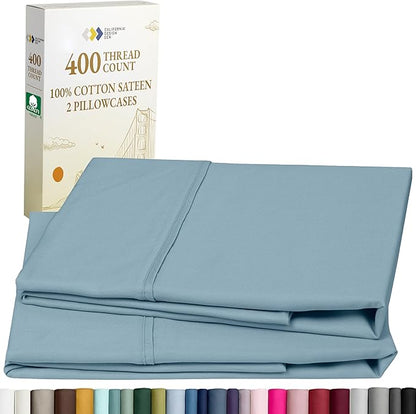 California Design Den Standard Queen Size Pillowcase Set - 400 Thread Count, 100% Cotton Sateen, Set of 2 Pillow Covers, Soft and Breathable - Sky Blue
