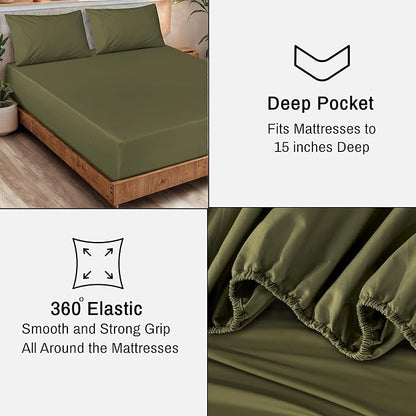 RUVANTI 100% Organic Cotton Sheets Split King, Percale Weave, GOTS Certified, 5-Piece Set, Deep Pocket 15", Crisp & Breathable, Soft Durable Bedding, Sábanas Algodón Orgánico – Olive