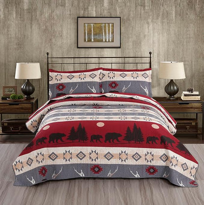 Ycosy Lodge Bear Quilt Set Full/Queen Size Cabin Rustic Bedspread Coverlets Reversible Quilts Lightweight Lodge Bedding Set Bear Sunset Printed Bed Covers,1 Quilt + 2 Pillow Shams