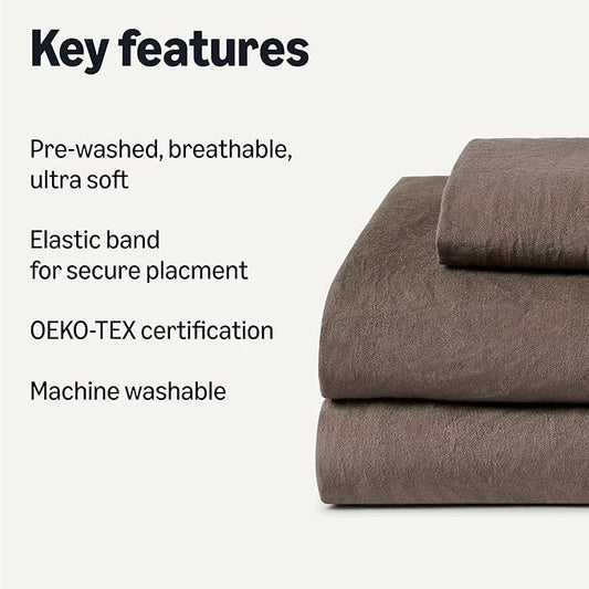 Amazon Basics Twin XL Bed Sheet, 3-Piece Bedding Set, Double Brushed Microfiber, Ultra Soft, Easy Care, Brown