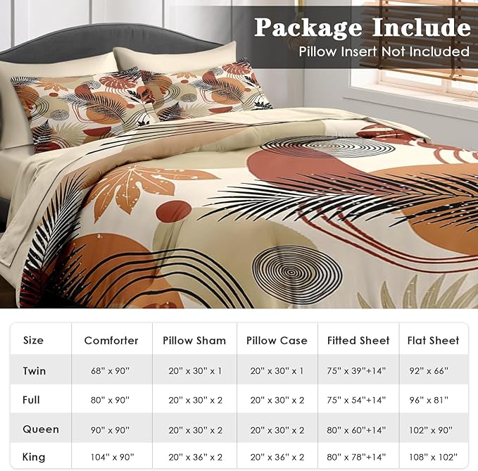 Comforter Set Queen Size, Boho Tropical Leaves Beige 7 Pcs Bedding for Kids and Adults, Bohemian Retro Flower Bed Sheet Sets with Fitted Sheet 2 Pillowcase & 2 Sham for Bedroom Bed Decor