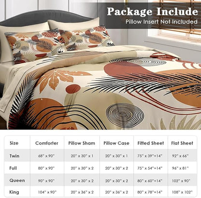 Comforter Set Queen Size, Boho Tropical Leaves Beige 7 Pcs Bedding for Kids and Adults, Bohemian Retro Flower Bed Sheet Sets with Fitted Sheet 2 Pillowcase & 2 Sham for Bedroom Bed Decor