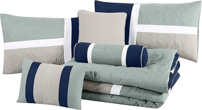 Chezmoi Collection Upland 7-Piece Quilted Patchwork Comforter Set, Navy/Blue/Gray, King