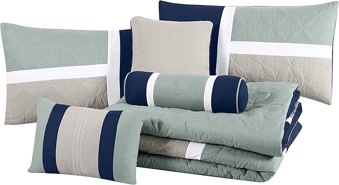 Chezmoi Collection Upland 7-Piece Quilted Patchwork Comforter Set, Navy/Blue/Gray, Full