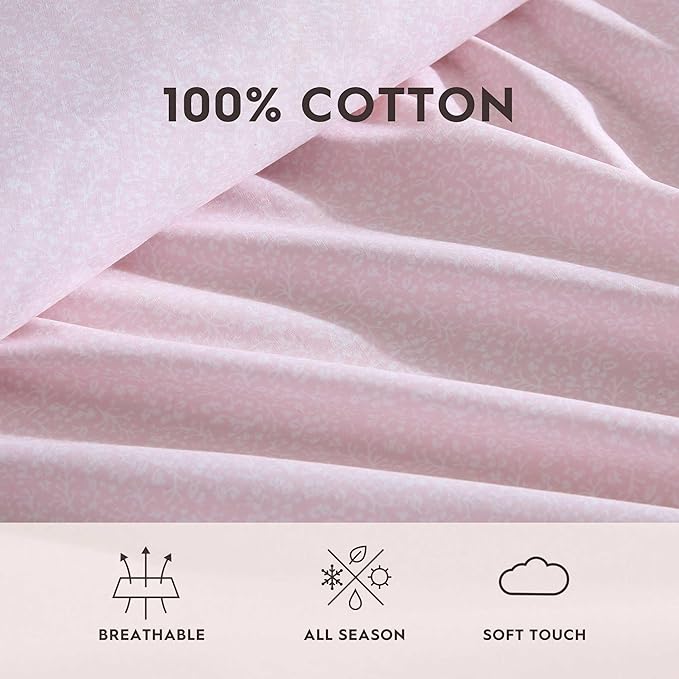 Laura Ashley - Queen Sheet Set, Crisp & Cool Cotton Percale Bedding with Deep Pockets, Lightweight for Year Round Comfort, Bed Sheets with Matching Pillowcases (Victorian Scroll Pink)