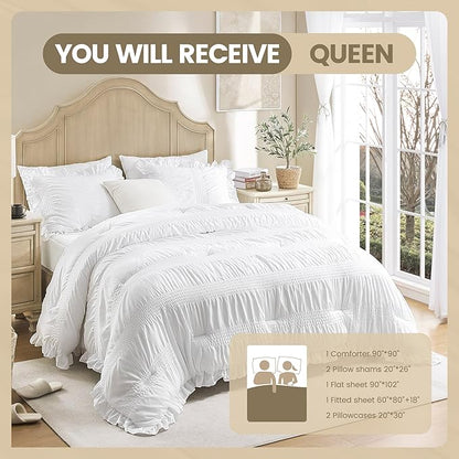 Queen Comforter Set Seersucker 7 Pieces Luxury Ruffle Bed in a Bag Queen Size for All Season White Bedding Set with Comforter, Pillowcases, Flat Sheet, Fitted Sheet and Pillow Shams