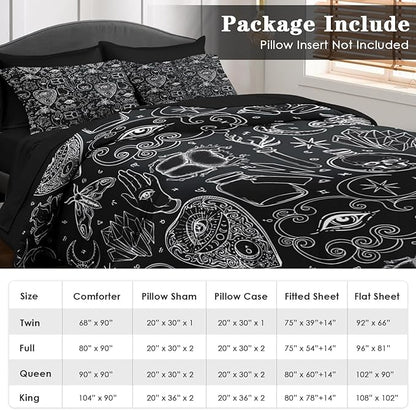 Comforter Set King Size, Medieval Retro Halloween 7 Pcs Bedding for Kids and Adults, Gothic Vintage Bed Sheet Sets with Fitted Sheet 2 Pillowcases & 2 Shams for Bedroom Bed Decor