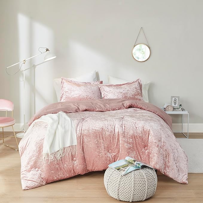 Comfort Spaces Juliette Luxe Comforter Set Velvet Lush with Soft Brushed Microfiber Reverse, All Season Cozy Velvet Bedding Sets, Fluffy Comforter Bed Set, Matching Sham, Blush Twin/Twin XL 2 Piece