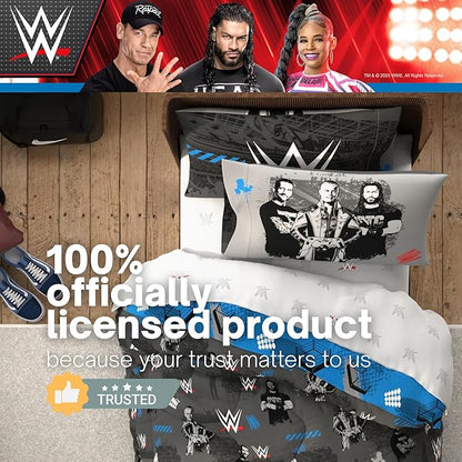WWE Wrestling Bedding Set, Full Size 7 Piece Set Super Soft Cozy Reversible Comforter and Sheet Set with Sham, (100% Officially Licensed Product) by Franco