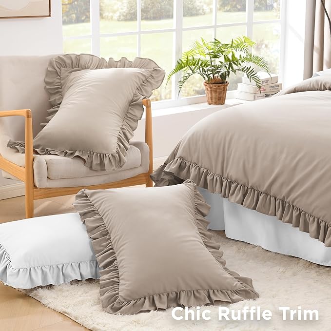 Litanika Light Coffee King Size Comforter Set, 3 Pieces Ruffle Farmhouse Aesthetic Bedding Comforter Set, All Season Soft Lightweight Fluffy Microfiber Bed Set(104x90In Comforter, 2 Pillowcases)