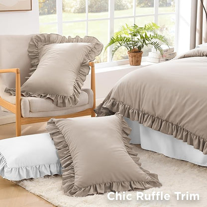 Litanika Light Coffee King Size Comforter Set, 3 Pieces Ruffle Farmhouse Aesthetic Bedding Comforter Set, All Season Soft Lightweight Fluffy Microfiber Bed Set(104x90In Comforter, 2 Pillowcases)