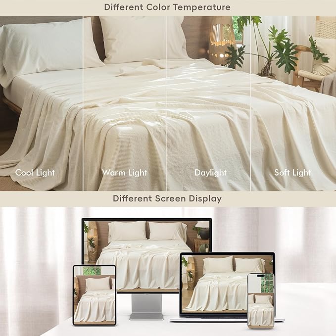 MooMee Striped Sheet Set 100% Washed Cotton Linen Like Textured Breathable Durable Soft Comfy (Almond Milk Grey Pinstripes, Queen)
