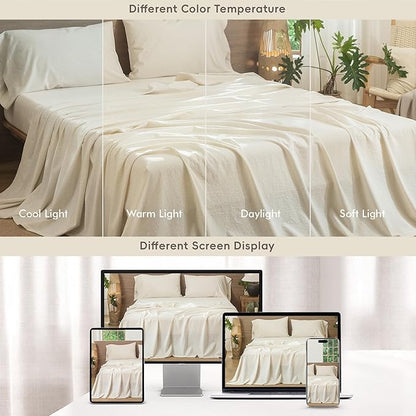 MooMee Striped Sheet Set 100% Washed Cotton Linen Like Textured Breathable Durable Soft Comfy (Almond Milk Grey Pinstripes, Queen)