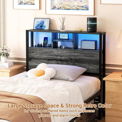 Aheaplus Headboard for Twin Size Bed with Storage, Headboards with Outlets | Twin Size Head Board Only, with USB Ports and LED Light, Height Adjustable, Reversible, Sturdy & Stable Headboard, Black Oak