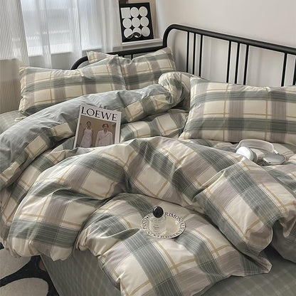 MKXI Vintage Green Plaid Duvet Cover Set with Checkered Design Farmhouse Look Gingham Modern Bedding Full Size Classic Rustic Bedroom Collection for All Ages