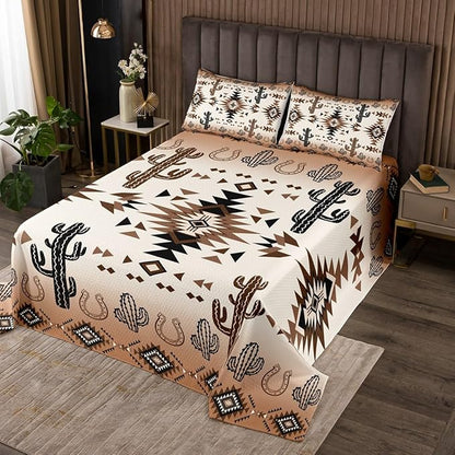Manfei Geometric Aztec Kids Bedspread King Size,Horseshoe Cactus Rustic Cottage Coverlet Set,Boys Girls Room Decor,Southwest Western Cowboy Tribal Quilted Coverlet,Retro Bedding Quilt,2 Pillowcases