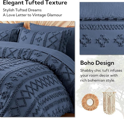 MR&HM California King Comforter Set Navy Blue, 7 Pieces Tufted Boho Beddding Sets, Farmhouse Bed in a Bag with 1 Comforter, 2 Pillow Shams, 2 Pillowcases, 1 Flat Sheet, 1 Fitted Sheet