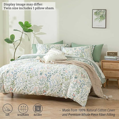 Floral Cotton Comforter Twin Size - Botanical Wildflower Pattern with Soft Pestel Accents on White, Textured Dusty Green Back, 2PC Lightweight Bedding Set with Down Alternative Fill(68"×90")
