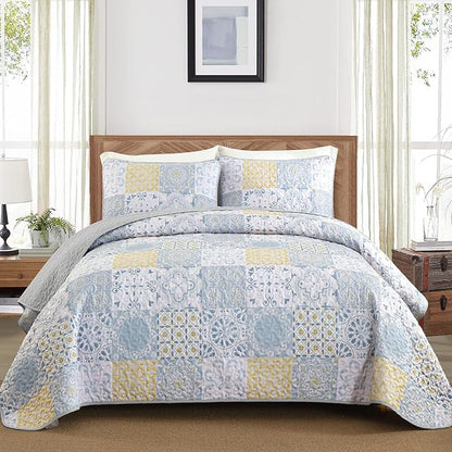 Dobuyly Full Size Quilt Set 3 Pieces, Blue/Yellow/Grey Patchwork Bedspreads, Boho Summer Coverlet Set, Soft Lightweight Microfiber Bedding Set for All Seasons 78"x90"
