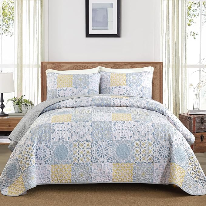 Dobuyly Queen Quilt Set 3 Pieces, Blue/Yellow/Grey Patchwork Bedspreads, Boho Summer Coverlet Set, Soft Lightweight Microfiber Bedding Set for All Seasons 96"x90"