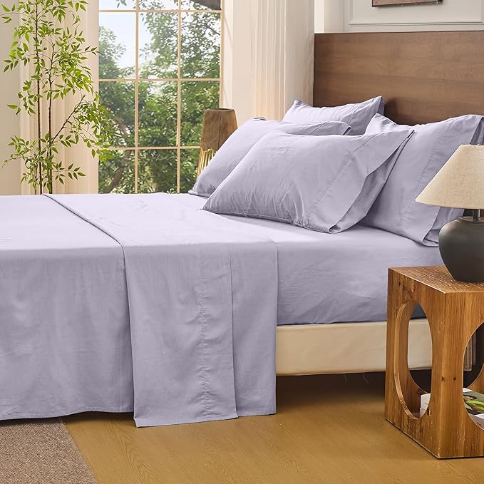 Bedlifes 100% French Linen Sheets California King Size 18-24" Extra Deep Pocket 4-Piece Set Breathable & Moisture-Wicking,Soft & Durable Sheets for Thick Mattresses(Lavender)