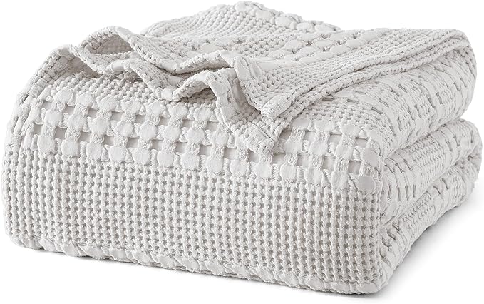 PHF 100% Cotton Waffle Weave Blanket Queen Size for Bed, Soft Lightweight & Breathable for Spring and Summer, All-Season Comfort, Luxury Aesthetic Blanket for Home Decor, 90"x90", Light Grey