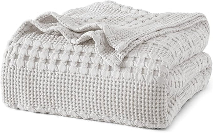 PHF 100% Cotton Waffle Weave Blanket Queen Size for Bed, Soft Lightweight & Breathable for Spring and Summer, All-Season Comfort, Luxury Aesthetic Blanket for Home Decor, 90"x90", Light Grey