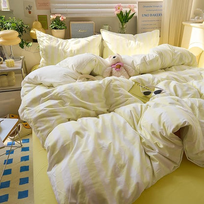 EAVD Yellow and White Vertical Striped Duvet Cover King Soft Washed Microfiber Farmhouse Yellow Striped Bedding Set with 2 Pillowcases Reversible Geometric Pattern Duvet Cover with Zipper Closure