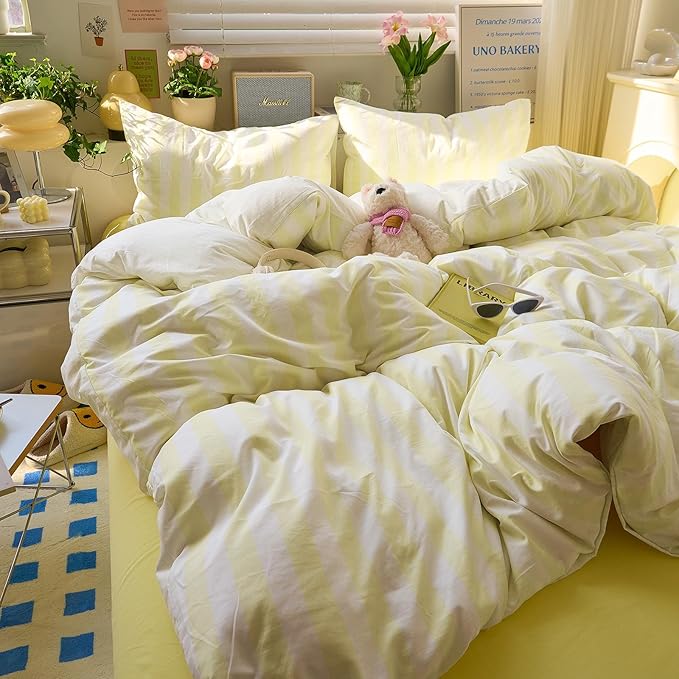 EAVD Yellow and White Vertical Striped Duvet Cover Queen Soft Washed Microfiber Farmhouse Yellow Striped Bedding Set with 2 Pillowcases Reversible Geometric Pattern Duvet Cover with Zipper Closure